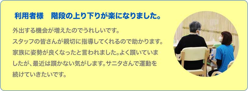 よろこびの声　外出する機会が増えたのでうれしいです。 スタッフの皆さんが親切に指導してくれるので助かります。 家族に姿勢が良くなったと言われました。よく躓いていましたが、最近は躓かない気がします。サニタさんで運動を続けていきたいです。